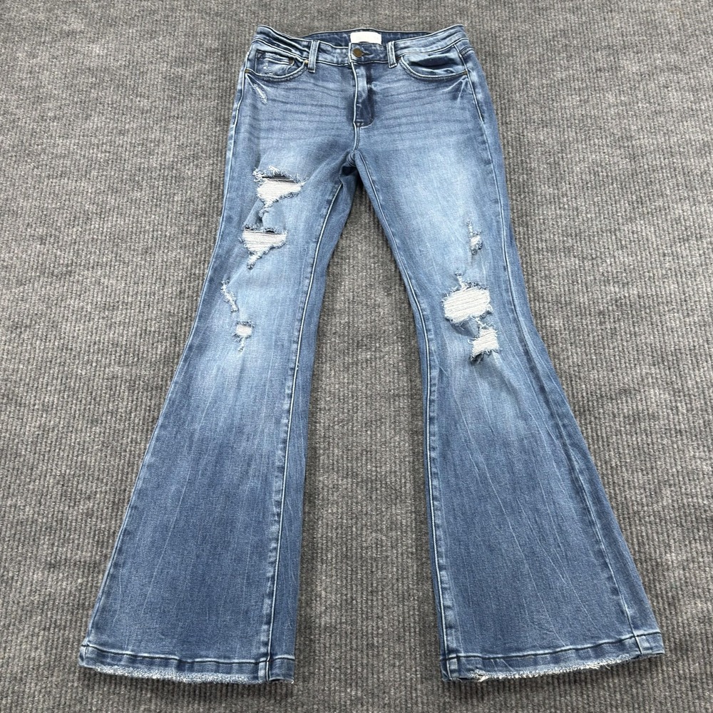 Petra 153 Flare Jeans Womens 11/29 Blue Light Wash Mid Rise Distressed Stretch